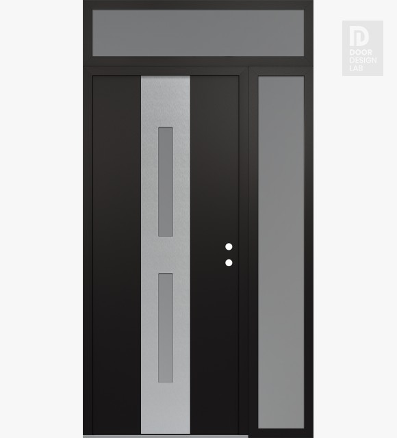Modern Steel Front Door DIAMOND A6 48" X 96" BLACK/WHITE FROSTED GLASS PANEL STAINLESS STEEL LHI WITH SIDELITE AND TRANSOM FROSTED GLASS