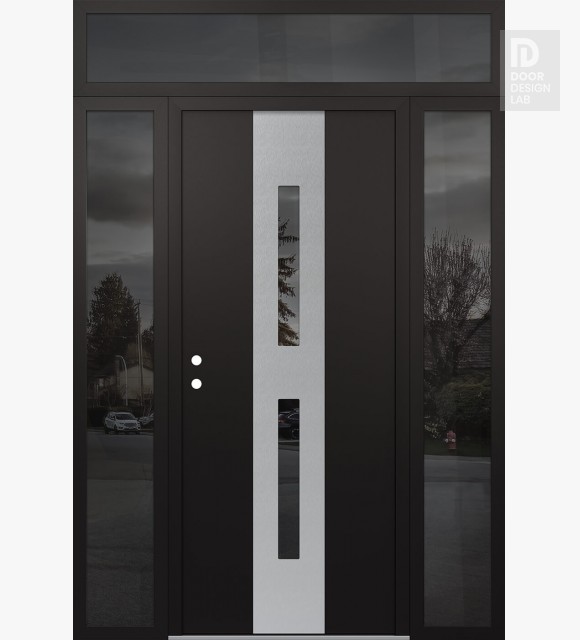 Modern Steel Front Door DIAMOND A6 60" X 96" BLACK/BLACK MIRRORED GLASS PANEL STAINLESS STEEL RHI WITH 2 SIDELITES AND TRANSOM MIRRORED GLASS